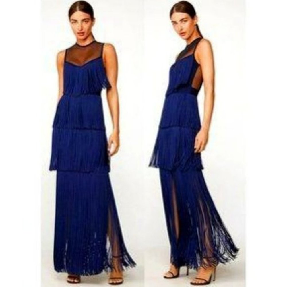 HERVE LEGER ILLUSION LUREX FRINGE GOWN in MIDNIGHT BLUE